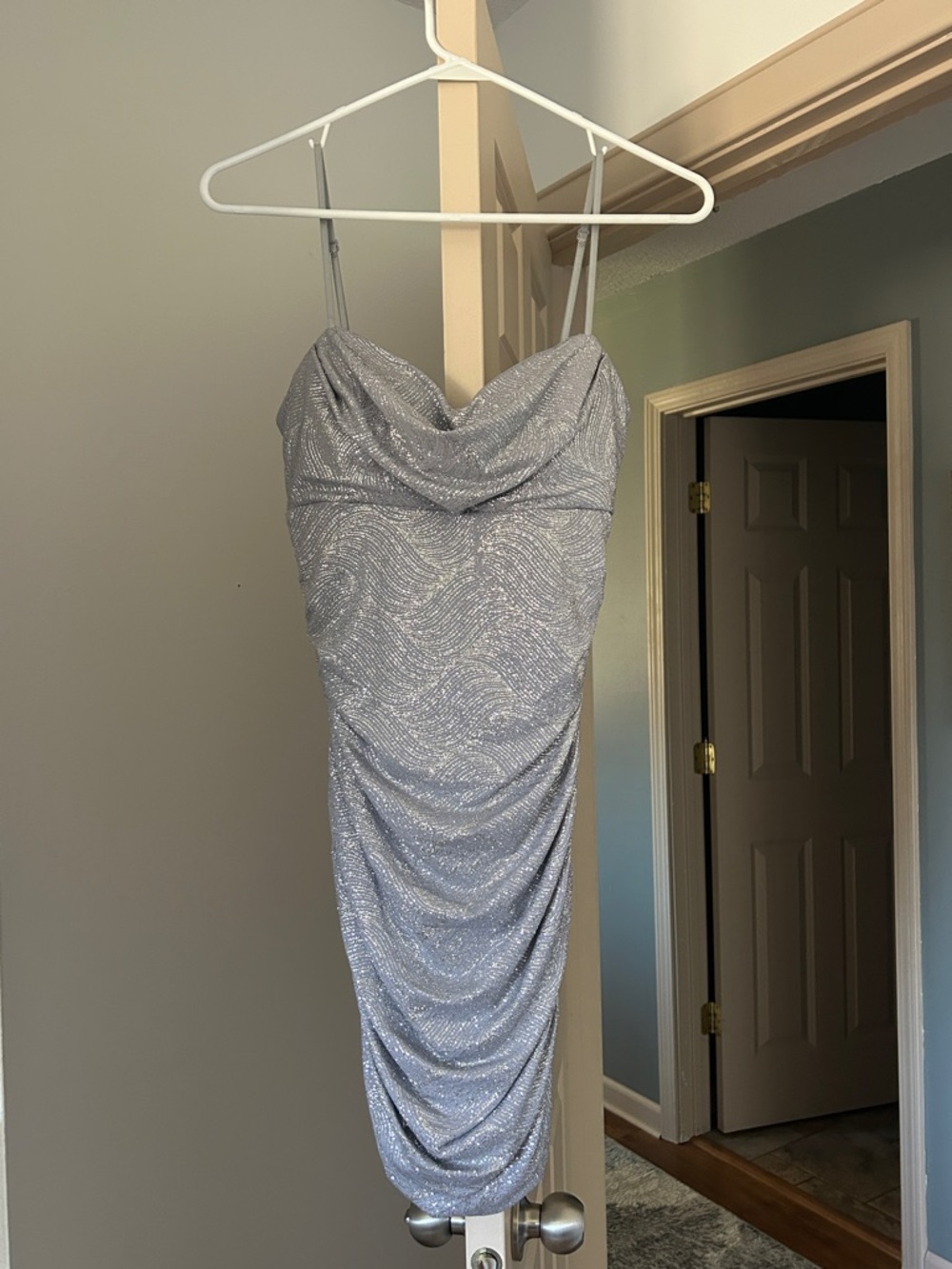 Emerald Sundae Silver Sparkle Cowl Spaghetti Strap Mini Dress